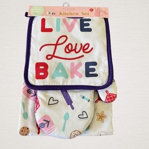 Live Love Bake Cooking Apron ~ Pot Holder ~ Oven Mitt ~ 3pc Gift Set